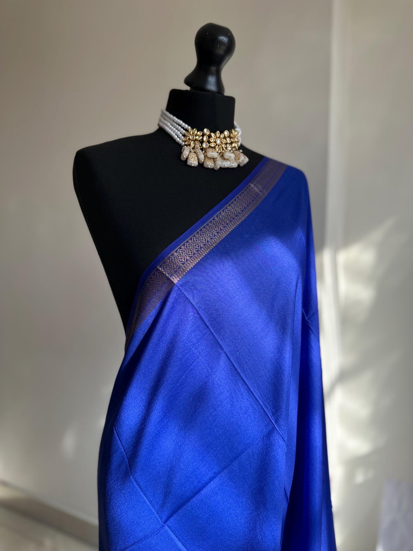 Mysore silk like saree in royal blue with gold border. Affordable art silk saree, super soft to drape. Stunning statement elegant saree