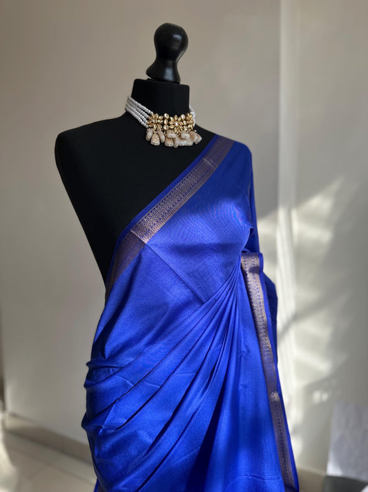 Mysore silk like saree in royal blue with gold border. Affordable art silk saree, super soft to drape. Stunning statement elegant saree