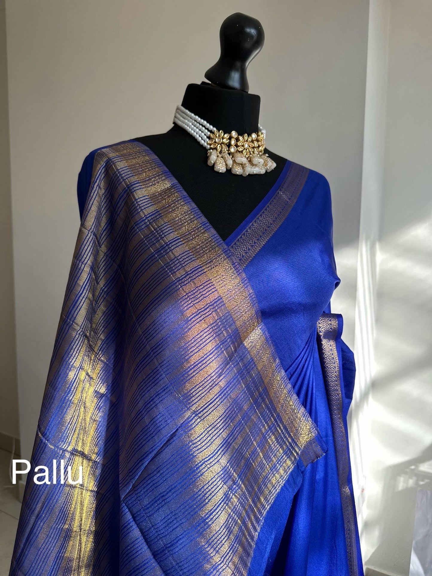 Mysore silk like saree in royal blue with gold border. Affordable art silk saree, super soft to drape. Stunning statement elegant saree