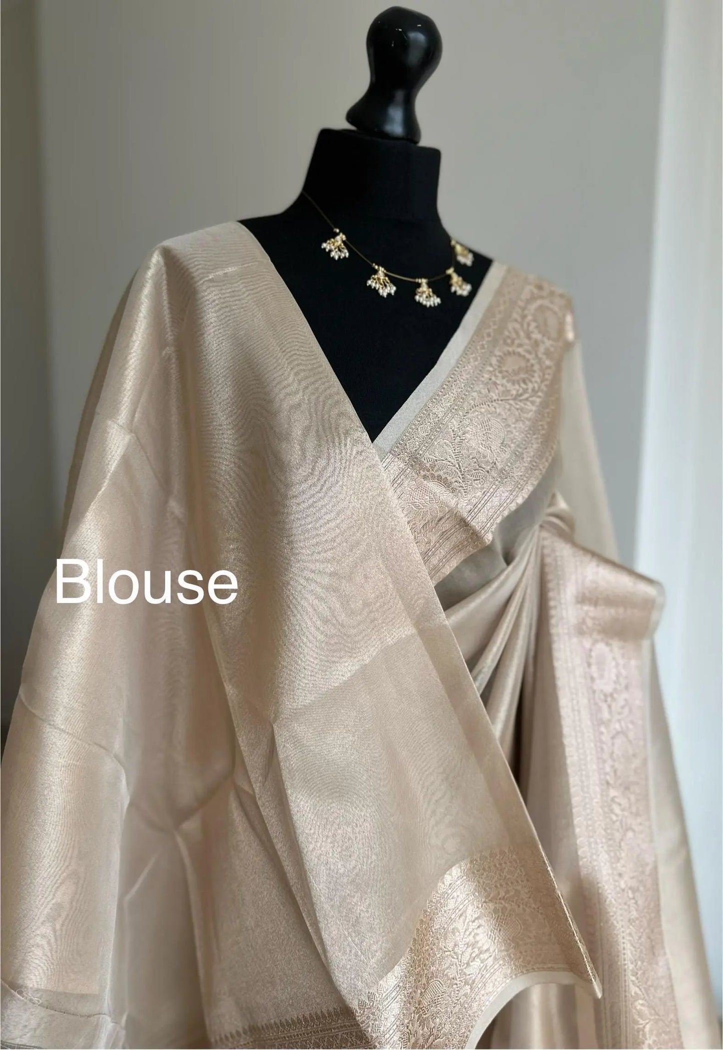 Cream and Gold Tissue Silk Saree with Zari Border - Perfect for All Occasions -    
