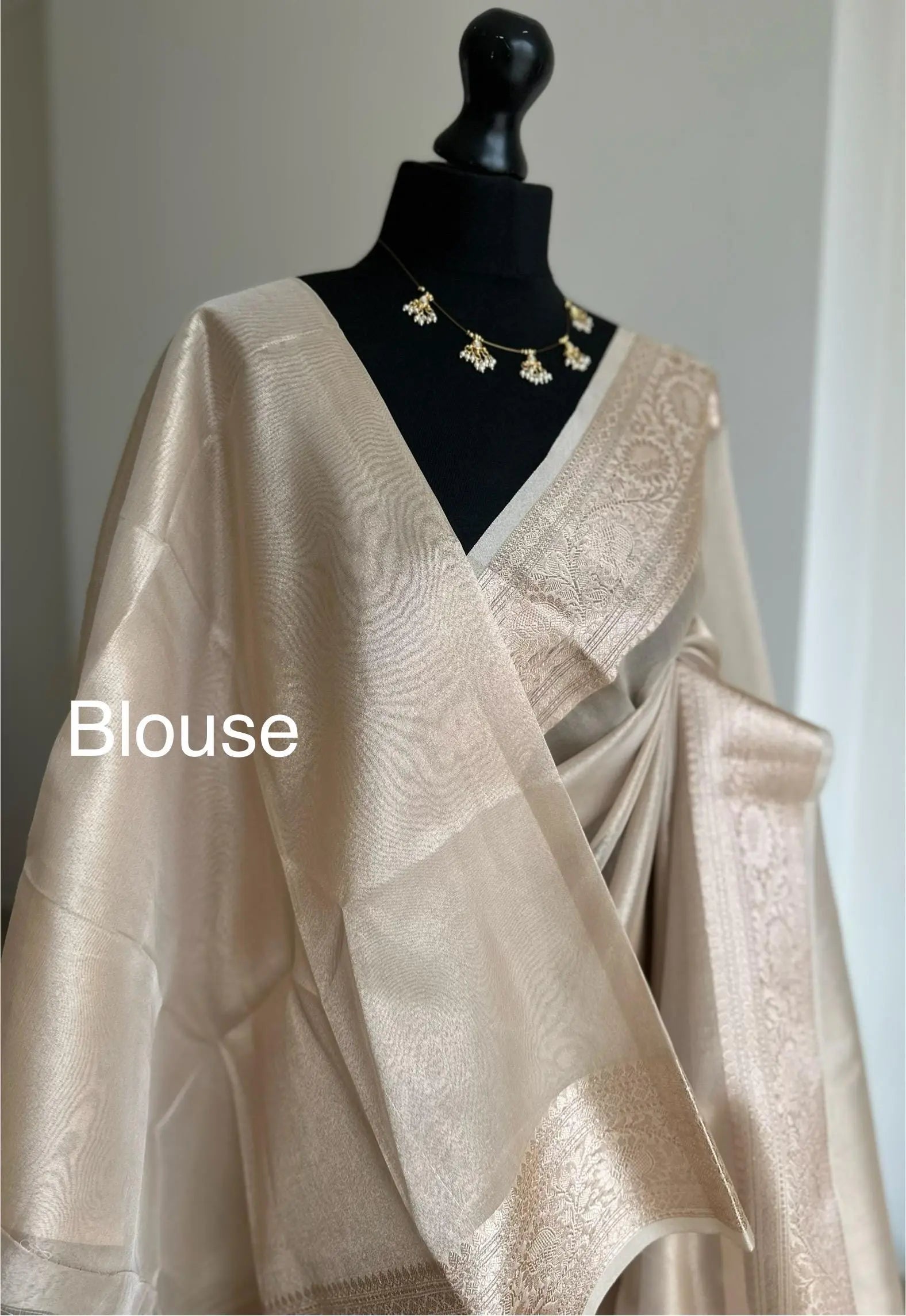 Cream and Gold Tissue Silk Saree with Zari Border - Perfect for All Occasions -    
