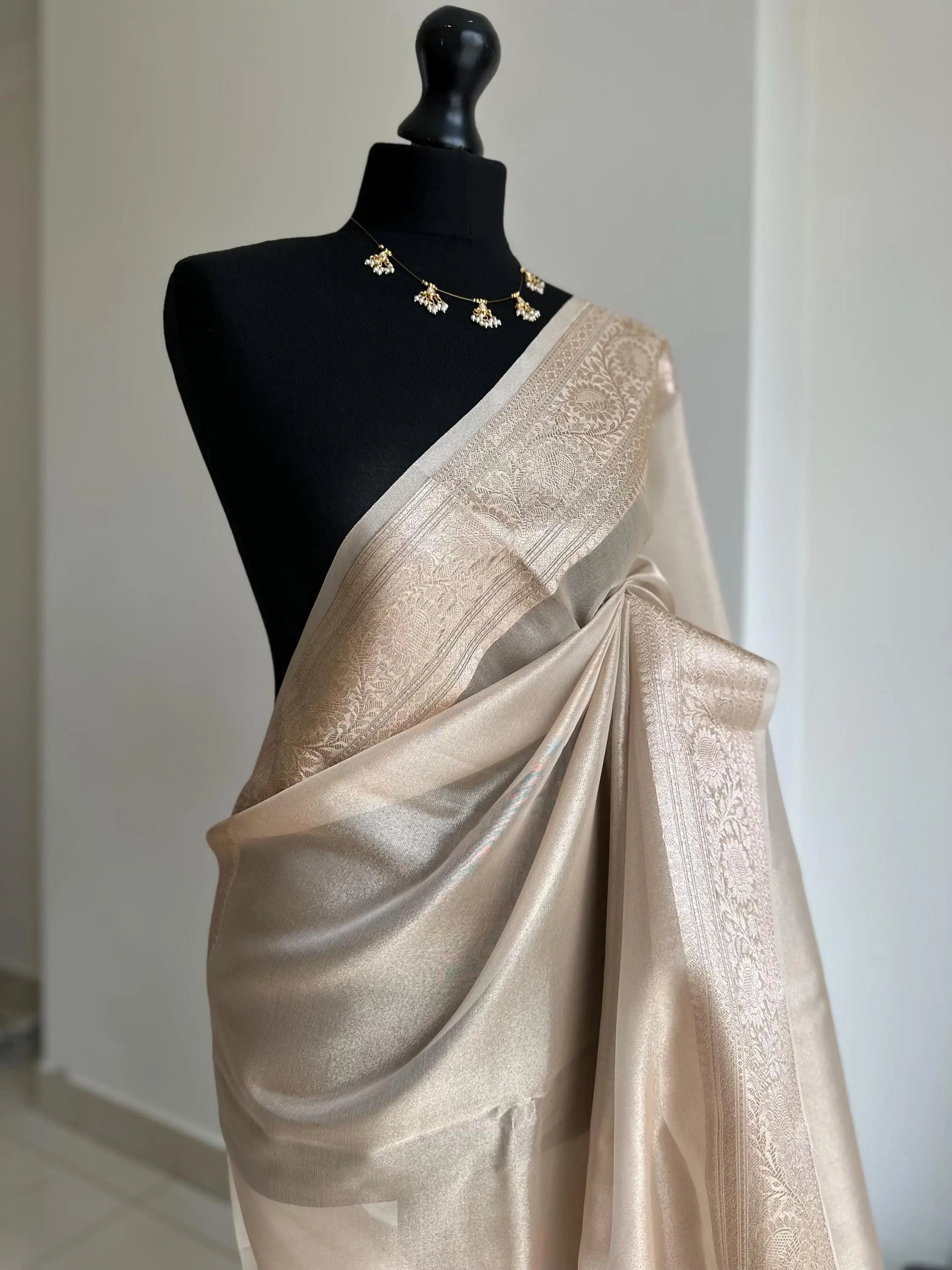 Cream and Gold Tissue Silk Saree with Zari Border - Perfect for All Occasions -    