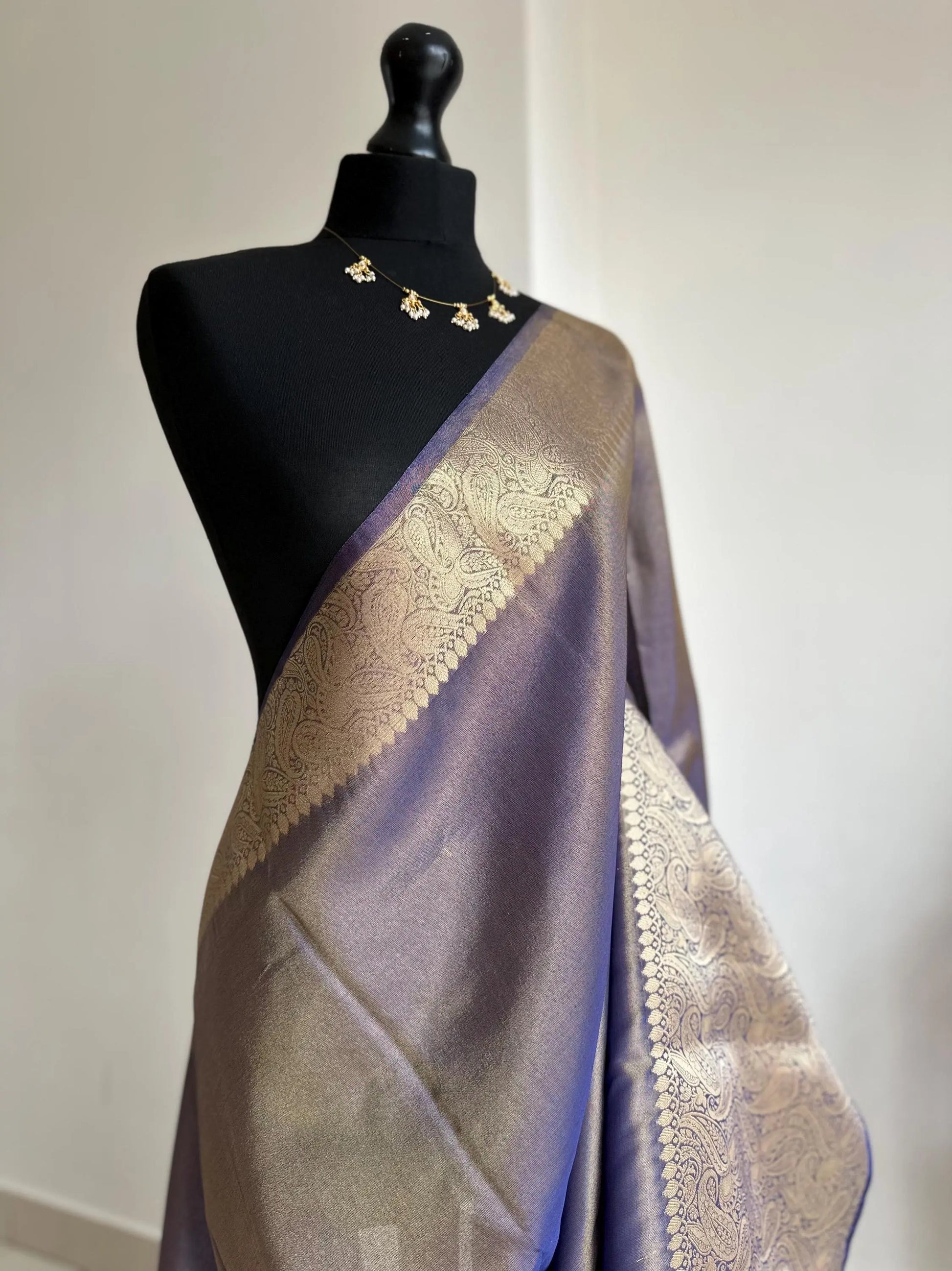 Indigo Tissue Silk Saree with Gold Zari Border and Brocade Blouse -    