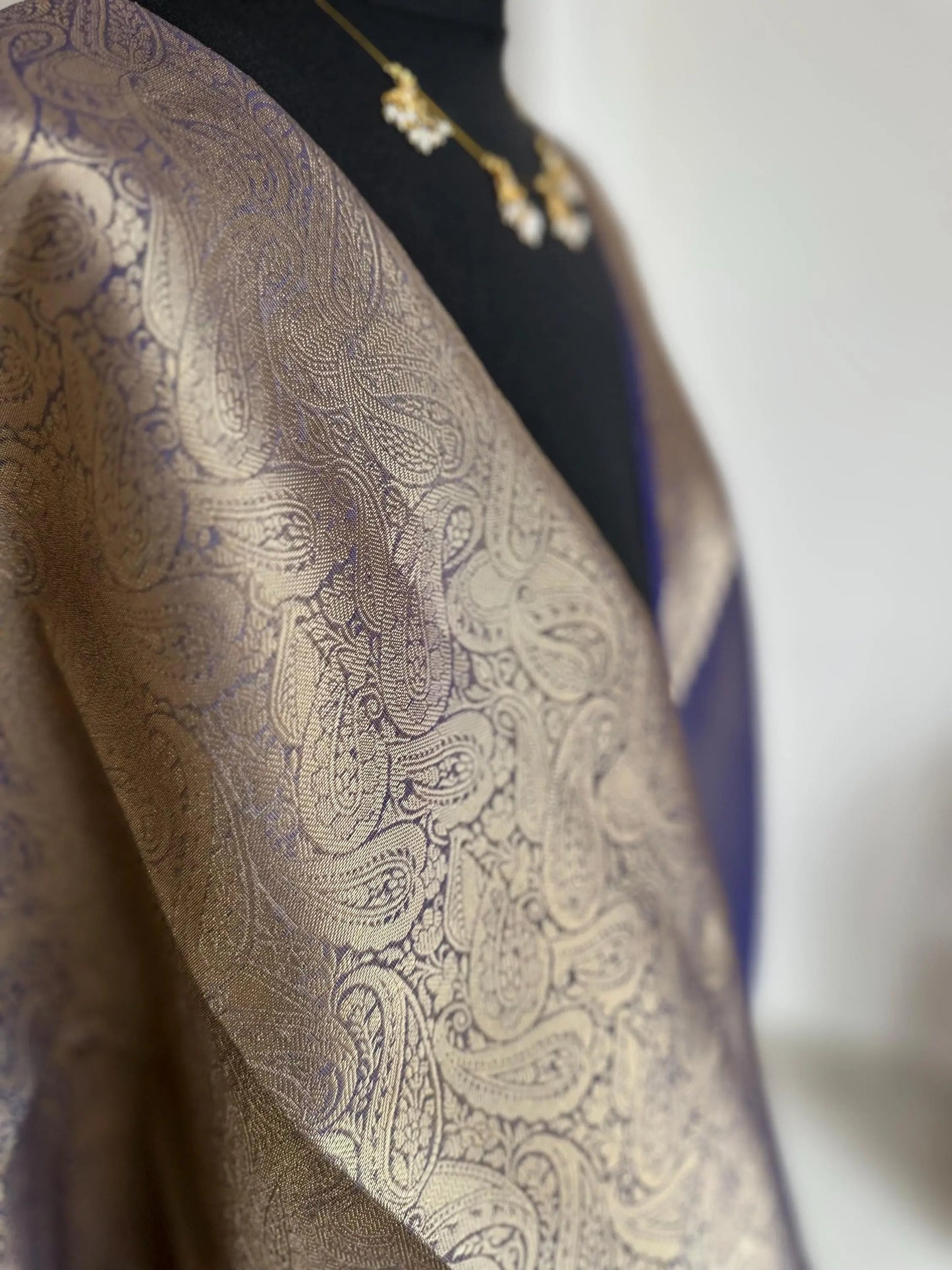 Indigo Tissue Silk Saree with Gold Zari Border and Brocade Blouse -    