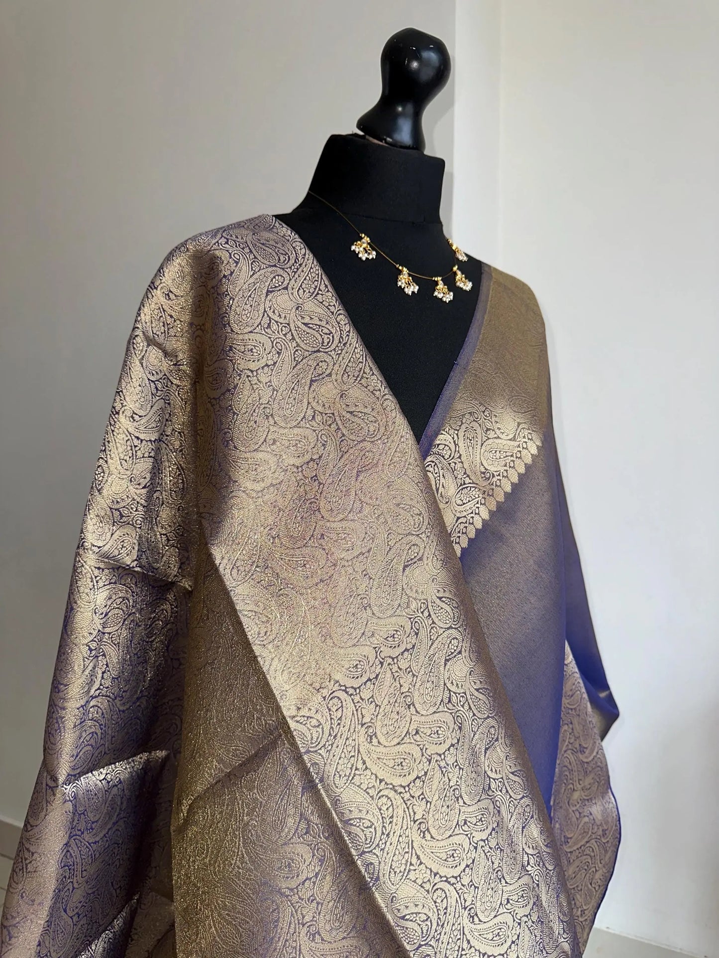 Indigo Tissue Silk Saree with Gold Zari Border and Brocade Blouse -    