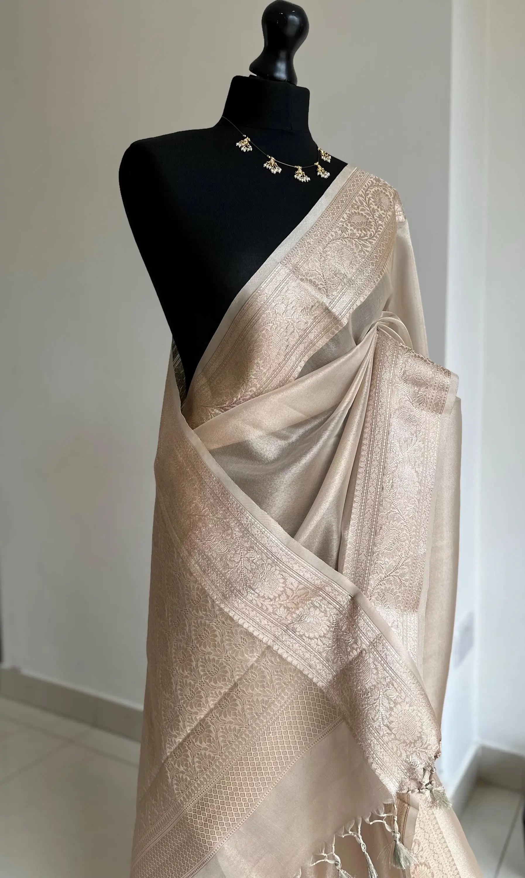 Cream and Gold Tissue Silk Saree with Zari Border - Perfect for All Occasions -    