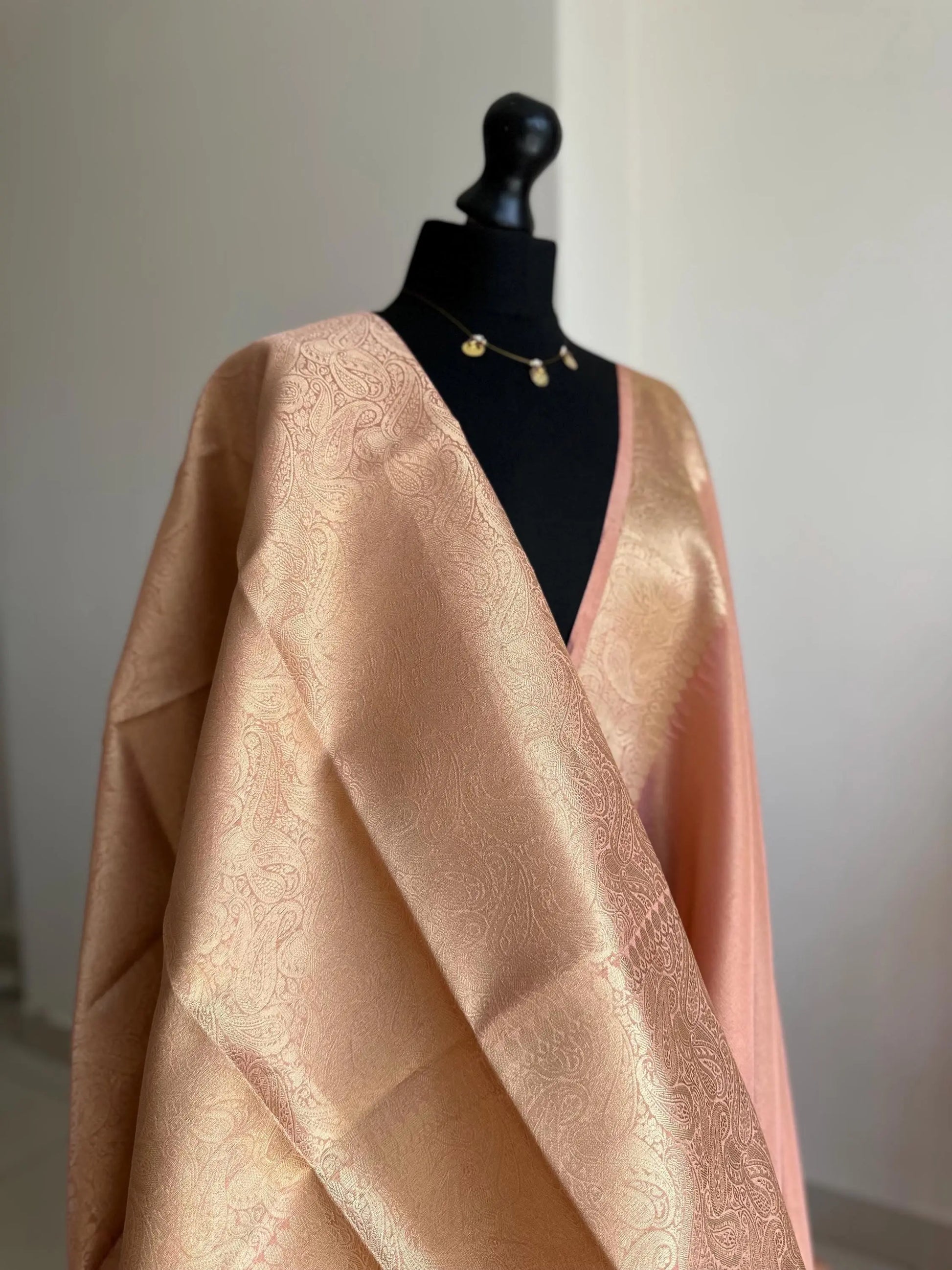 Peach tissue silk saree with gold zari border and brocade blouse. Banarasi style saree for wedding and festive wear -    