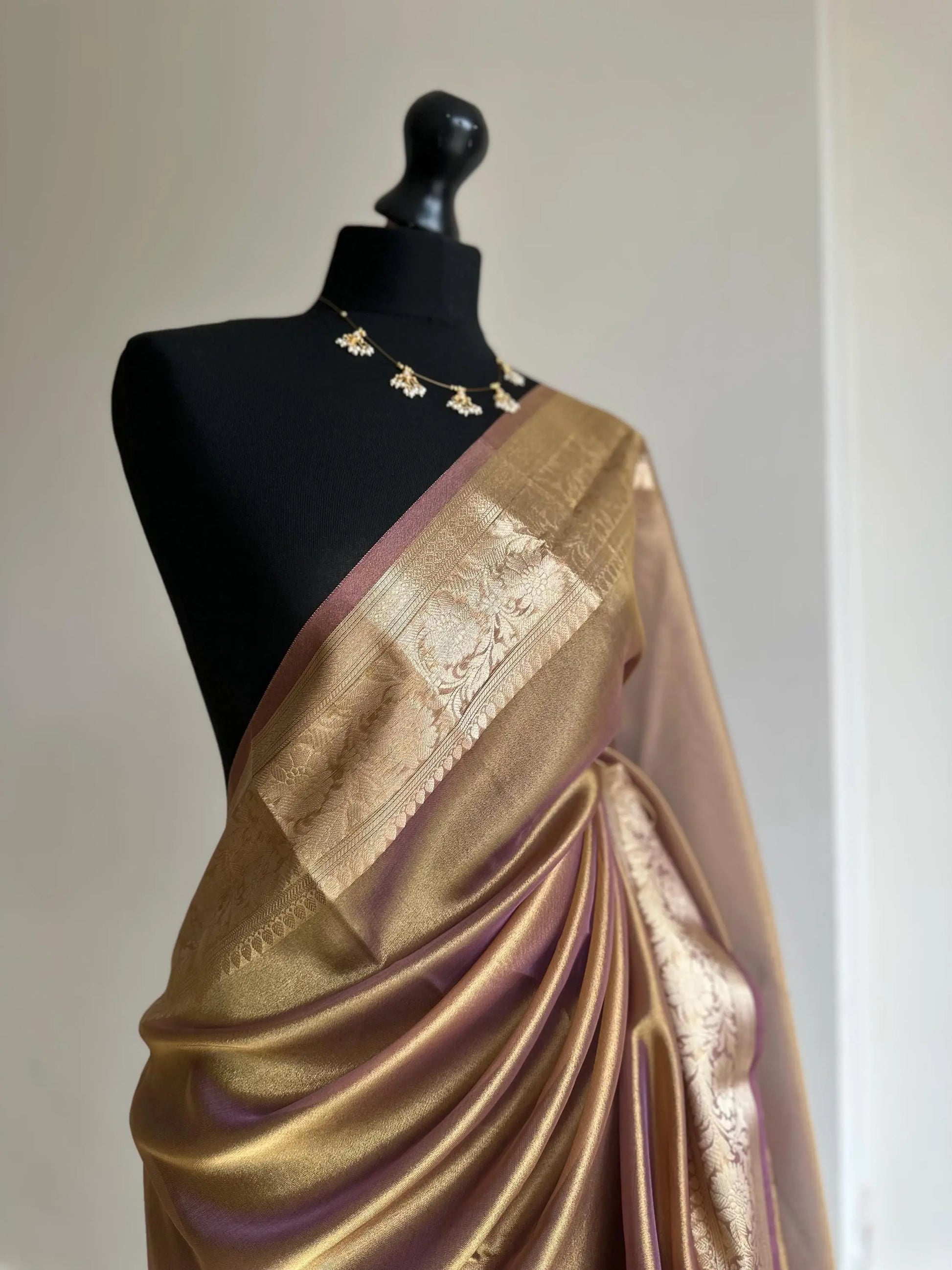 Gold Purple Shimmer Soft Tissue Saree with Border and Unstitched Blouse -    
