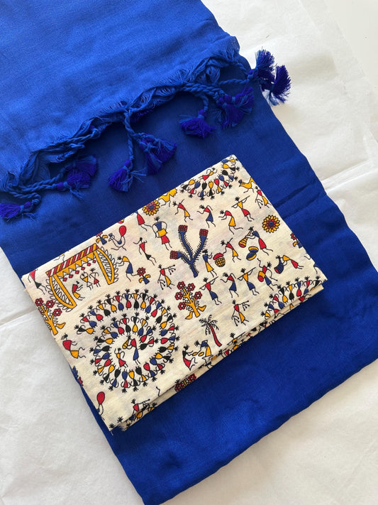 Royal blue cotton handloom saree with kalamkari art blouse | Tribal print saree for women | Ethnic soft cotton saree | Handmade India