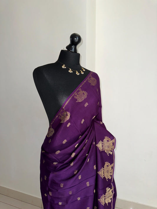 Purple semi silk saree with subtle gold zari elephant border and polka dot blouse. Traditional Indian saree elegant festive wear