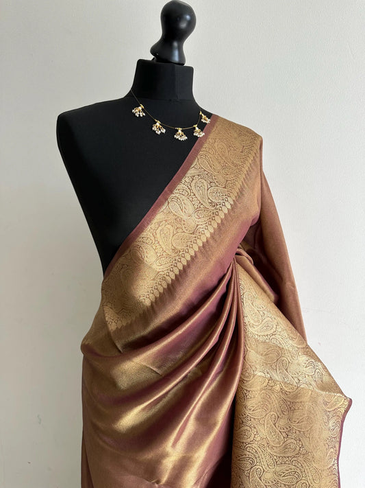 Dual Tone Tissue Silk Saree Gold Mauve-Maroon with Zari Paisley Border -    