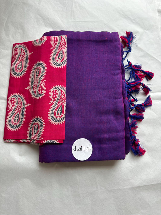 Purple cotton handloom saree with kalamkari art blouse | Tribal print saree for women | Ethnic soft cotton saree | Handmade India