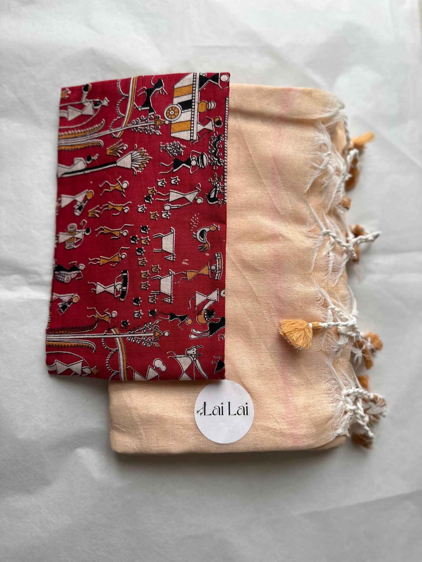 Peach cotton handloom saree with kalamkari art blouse. Very soft pure khadi cotton saree. Deep maroon printed blouse.