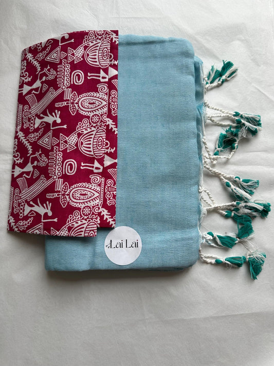 Light blue cotton handloom saree with kalamkari art blouse. Very soft pure khadi cotton saree. Dark green printed blouse.
