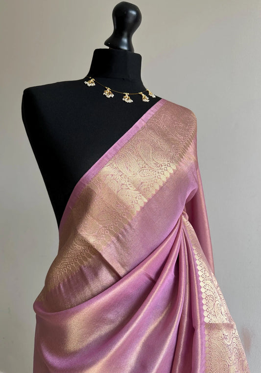 Dual Tone Tissue Silk Saree Gold and Pink with Zari, Rich Paisley Border and Pallu -    