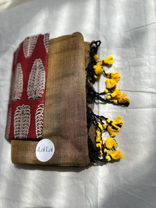 Black cotton handloom saree with yellow undertones and kalamkari art blouse. Very soft pure khadi cotton saree. Contrast  printed blouse.