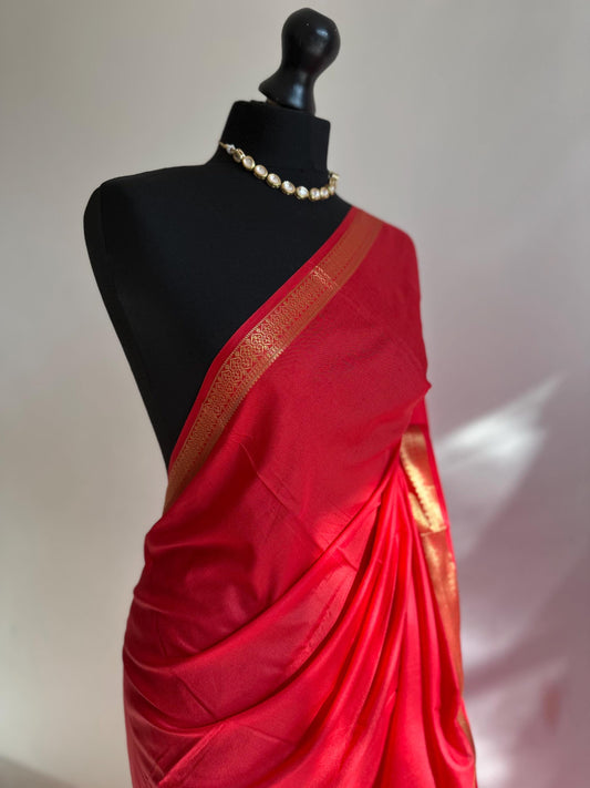 Mysore silk like saree in true red with gold border. Affordable art silk saree, super soft to drape. Stunning statement elegant saree