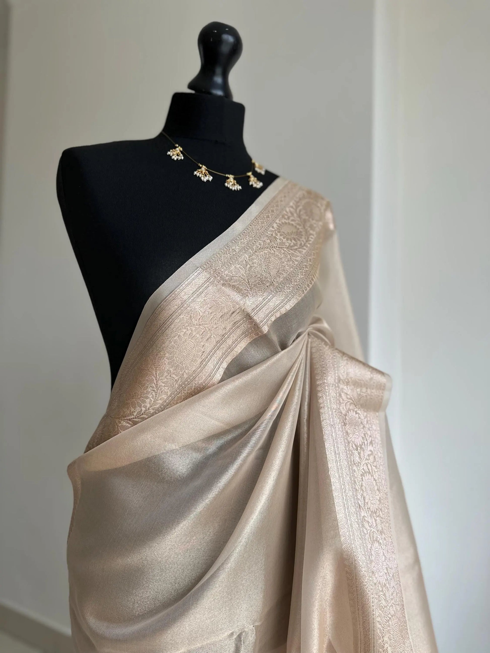 Cream and Gold Tissue Silk Saree with Zari Border - Perfect for All Occasions -    