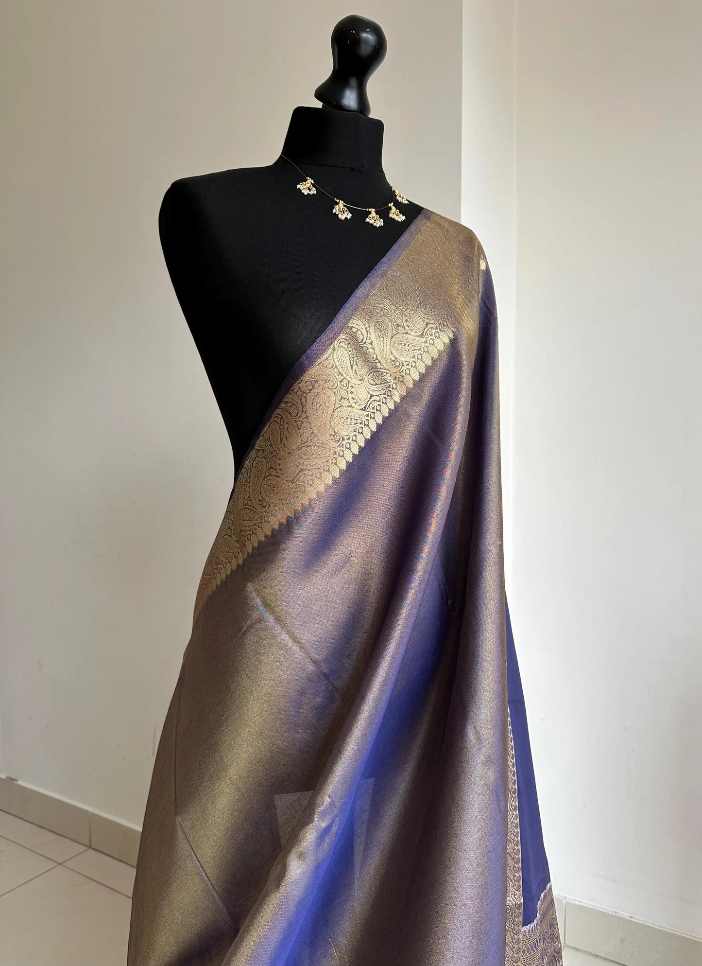 Indigo Tissue Silk Saree with Gold Zari Border and Brocade Blouse -    