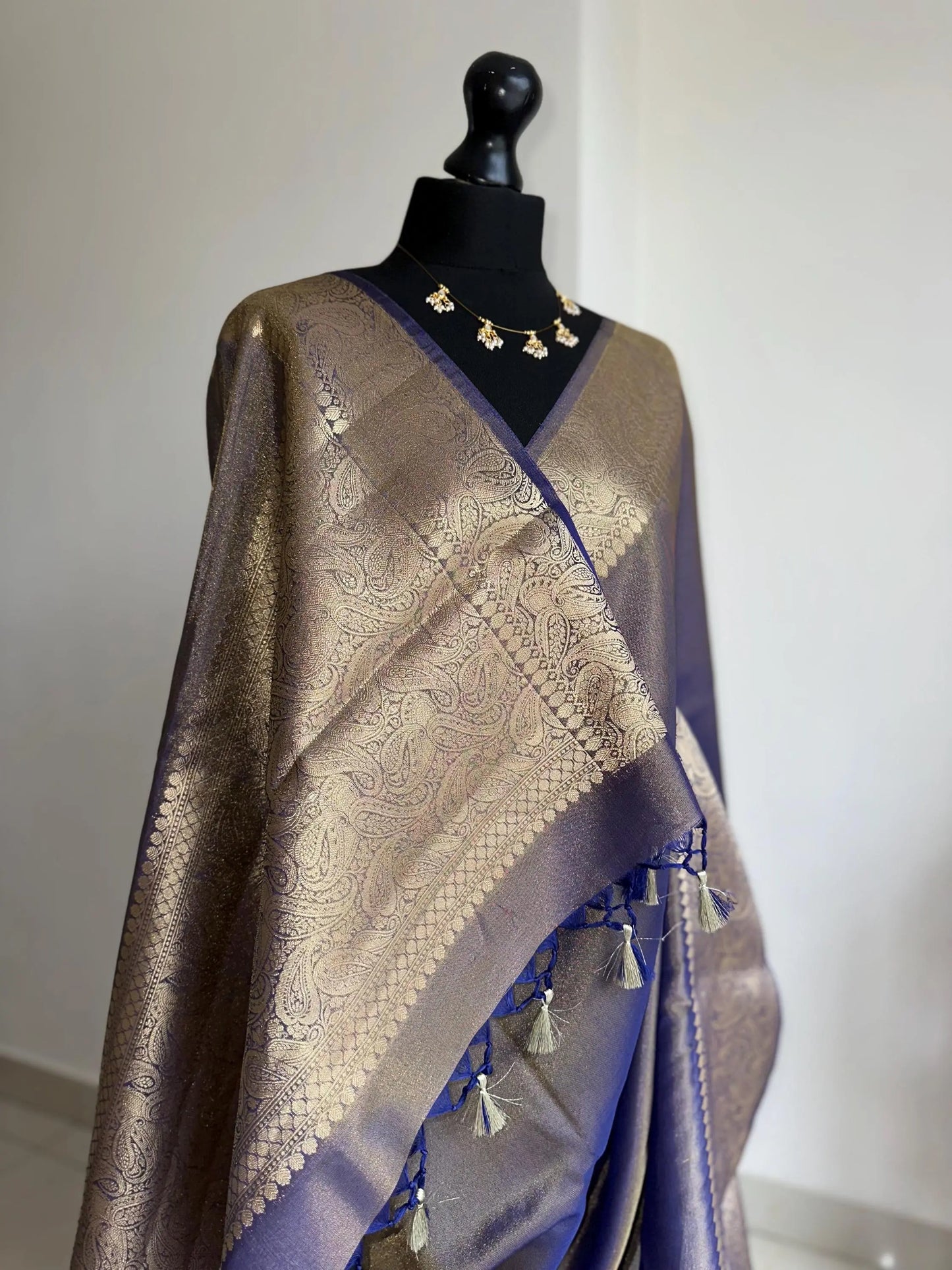 Indigo Tissue Silk Saree with Gold Zari Border and Brocade Blouse -    