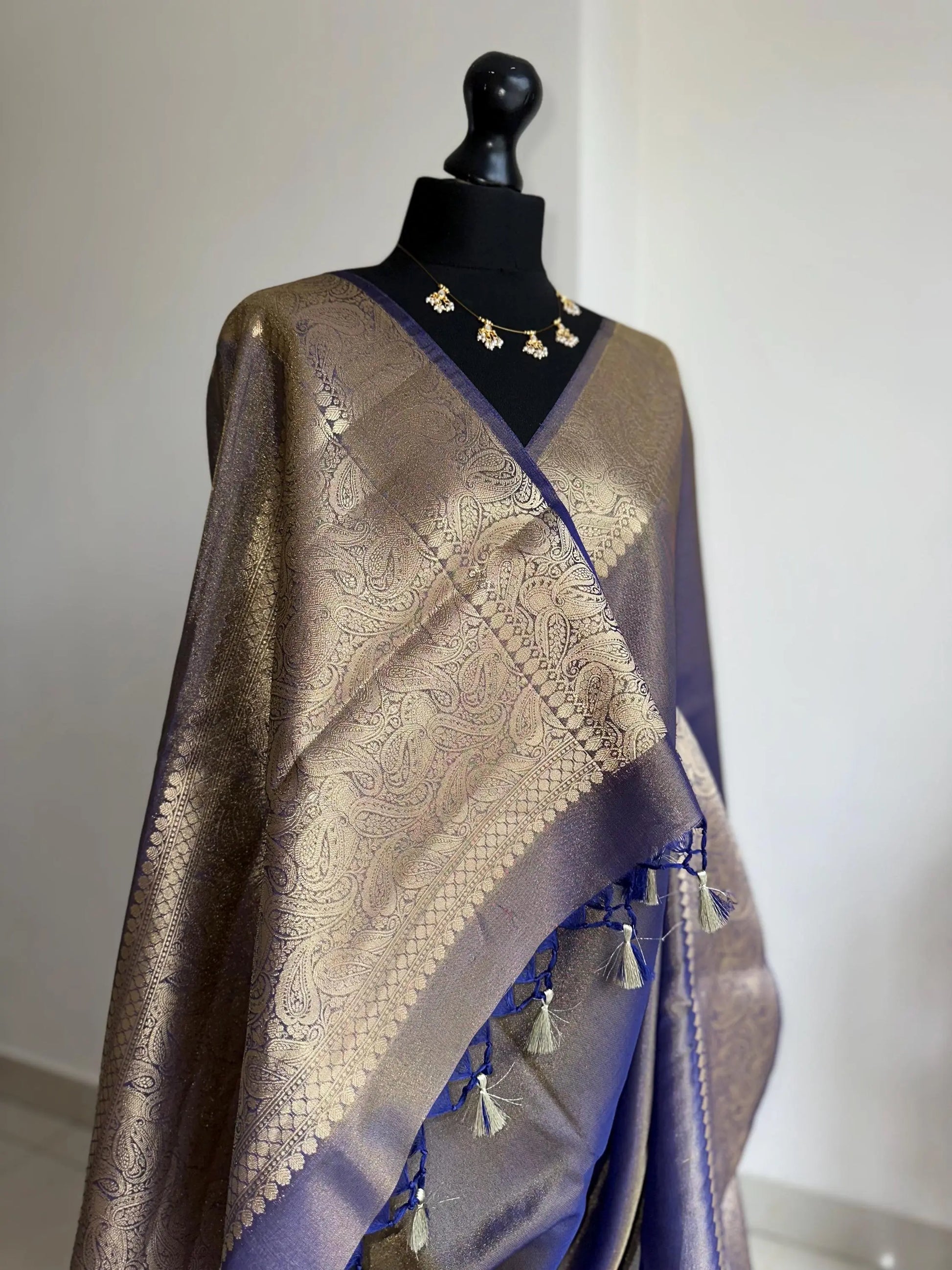 Indigo Tissue Silk Saree with Gold Zari Border and Brocade Blouse -    