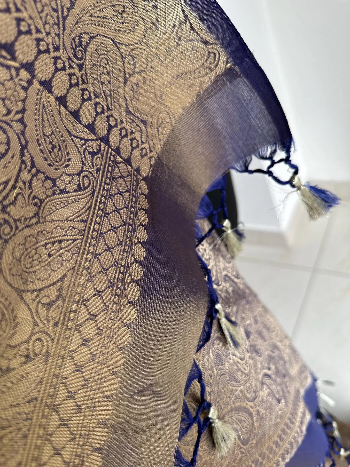 Indigo Tissue Silk Saree with Gold Zari Border and Brocade Blouse -    