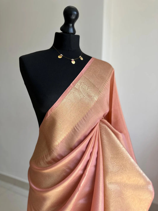 Peach tissue silk saree with gold zari border and brocade blouse. Banarasi style saree for wedding and festive wear -    