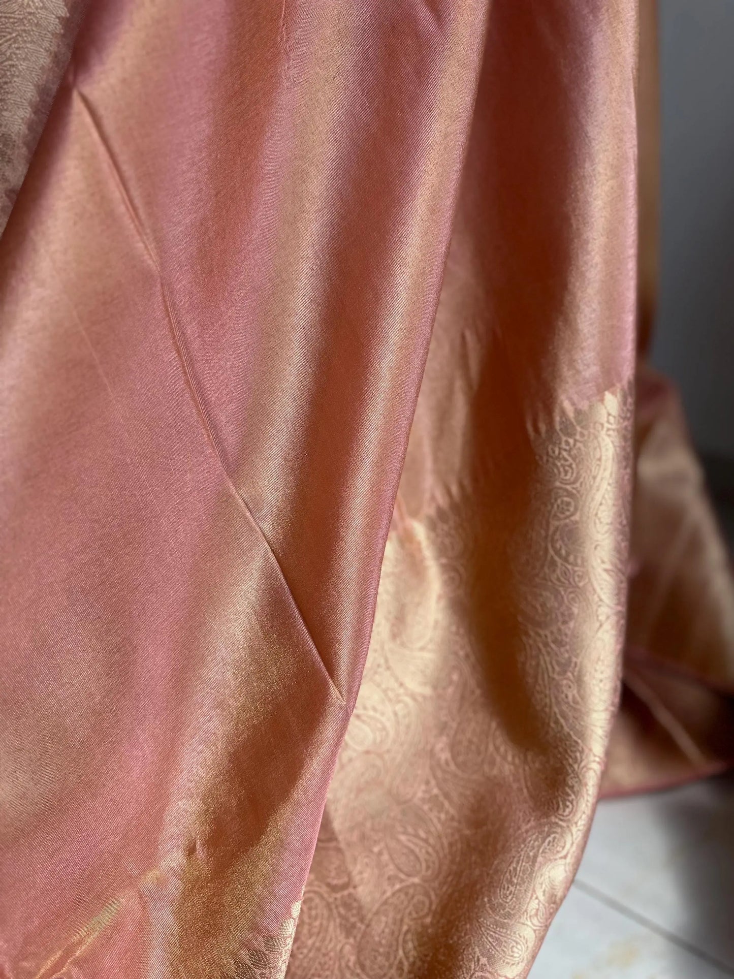 Peach tissue silk saree with gold zari border and brocade blouse. Banarasi style saree for wedding and festive wear -    