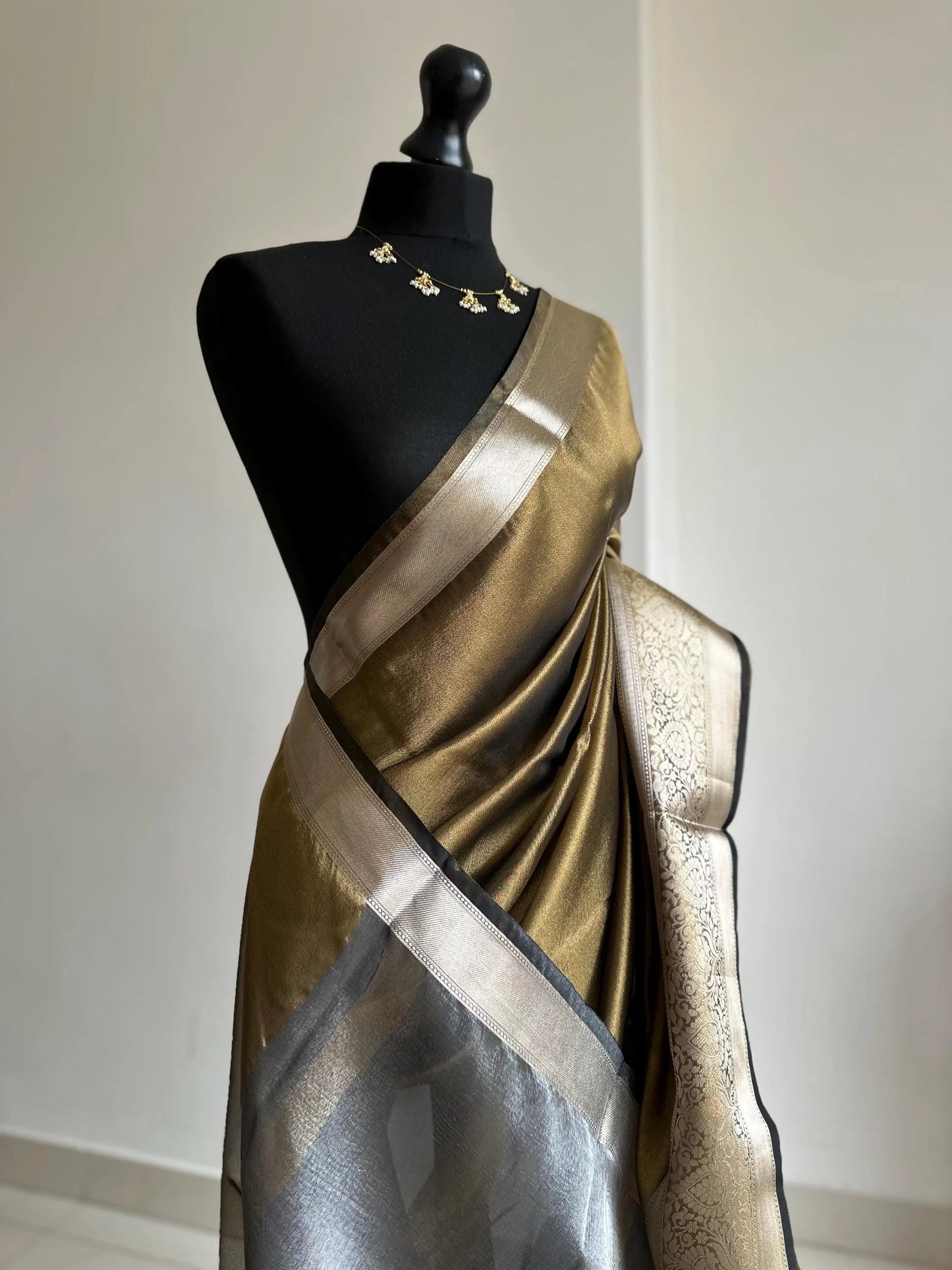 Black gold tissue saree with brocade border blouse. Dual tone zari wed wedding and party wear saree. Indian ethnic saree for all occasions LaiLai Sarees