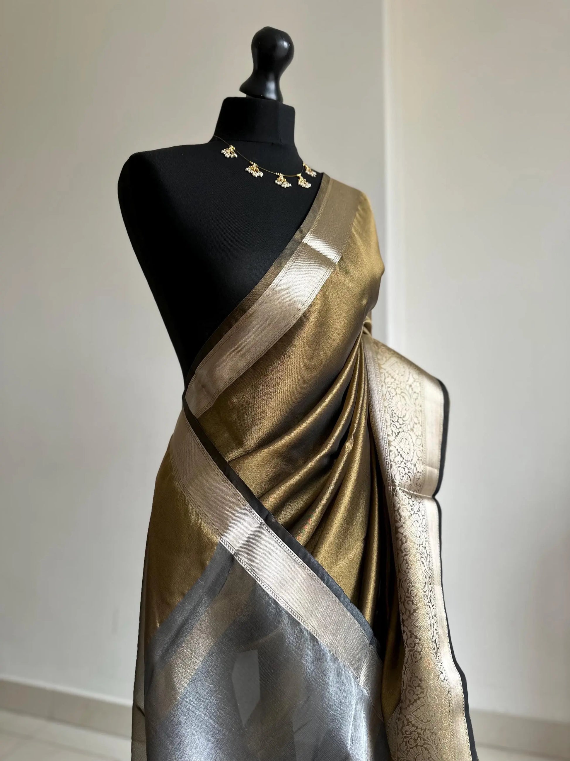 Black gold tissue saree with brocade border blouse. Dual tone zari wed wedding and party wear saree. Indian ethnic saree for all occasions LaiLai Sarees