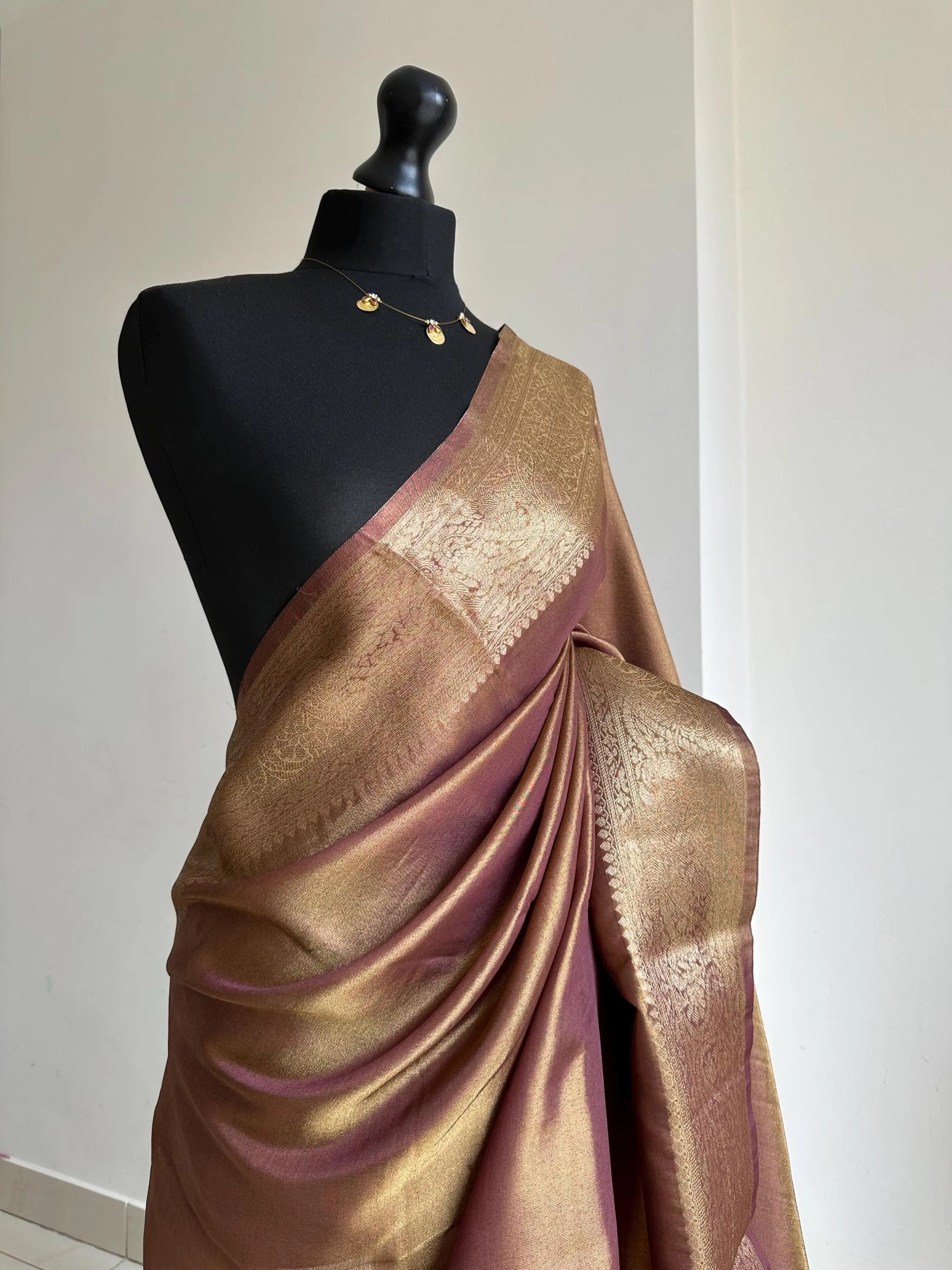 Gold and maroon dual toned plain shimmer soft tissue saree with border and unstitched blouse. Elegant wedding guest saree unique saree look LaiLai Sarees