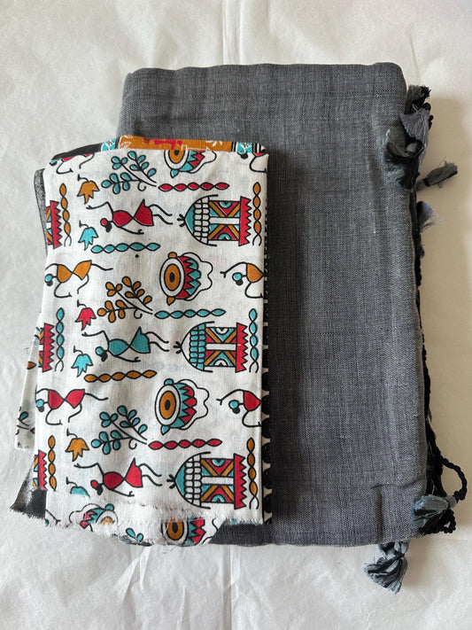 Handwoven Grey Cotton Saree with Kalamkari Blouse | Ethnic Block Print Blouse | Soft Cotton Saree for Women | Indian Saree