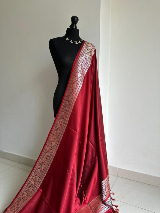 Banarasi silk crimson red katan wedding saree with  gold zari. Red traditional silk saree with designer  patterned blouse.