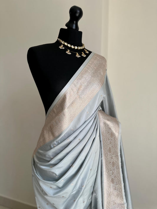 Soft grey semi Katan silk Wedding Saree with gold Zari. Champagne gold and grey stunning saree for bridal and occasion wear