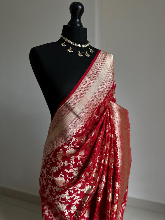Pure Banarasi silk koorai saree in true red with gold zari handwoven Kadhua wedding saree bridal and festive wear