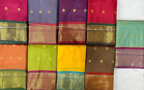 Green and Pink Semi Silk Saree with Gold Zari Border