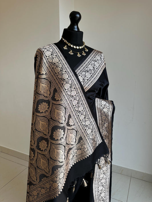 Black and gold katan semi silk wedding saree with  gold zari. Stunning soft and elegant saree for bridal and occasion wear