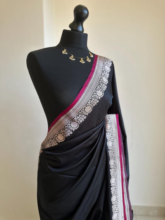 Black Banarasi semi Katan silk saree with silver zari border, magenta trim wedding  party wear Indian ethnic silk saree