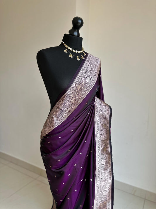Purple and gold katan semi silk wedding saree with  gold zari. Stunning soft and elegant saree for bridal and occasion wear