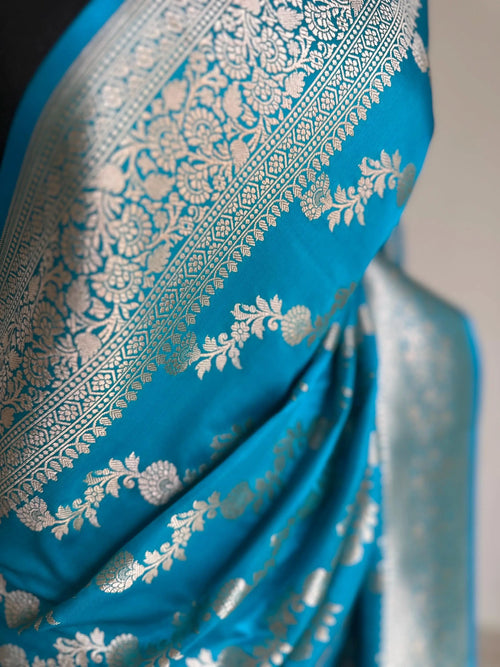 Peacock Blue Banarasi Silk Wedding Saree with Silver Zari