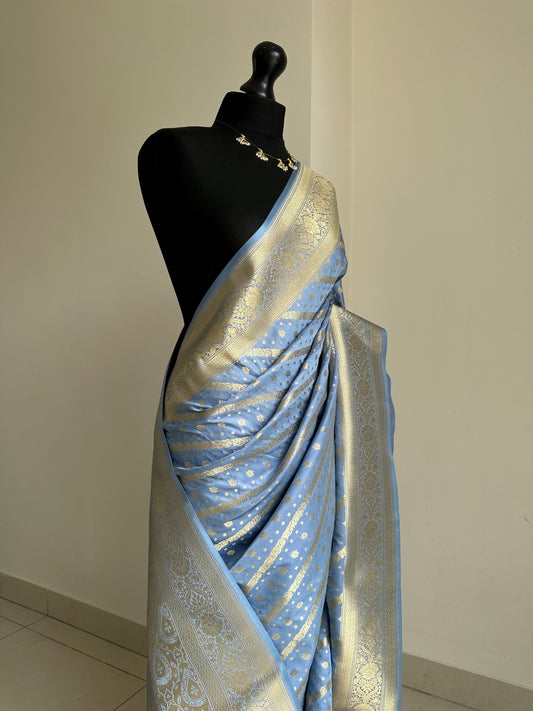 Banarasi silk dusty blue wedding saree with gold zari. Exquisite blue semi silk saree with plain contrast blouse. Stylish elegant saree
