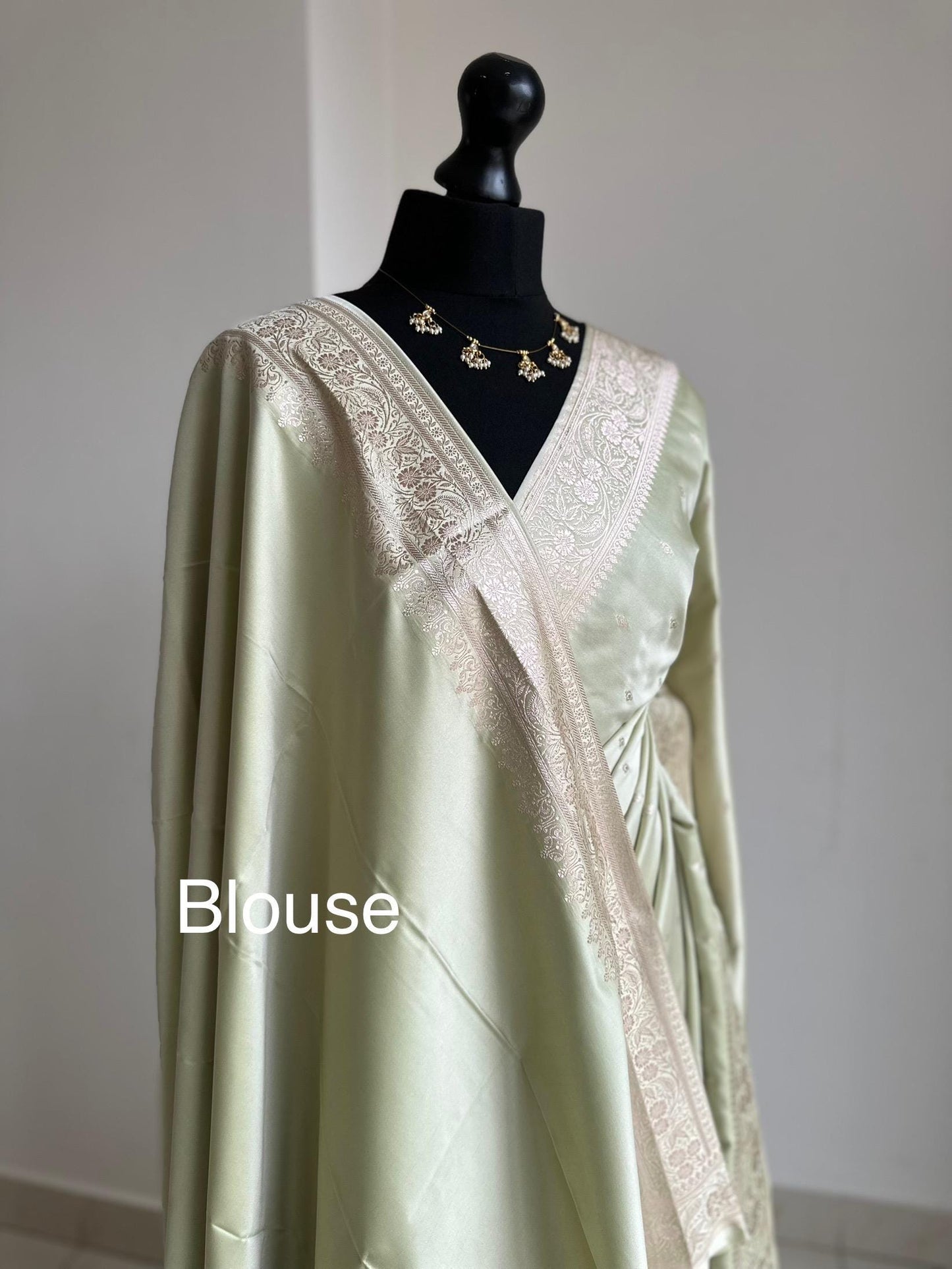 Banarasi silk sage green wedding saree with gold Zari. Champagne gold zari on traditional saree  with plain contrast unstitched blouse