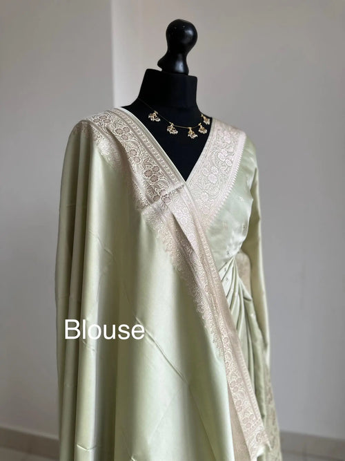 Sage Green Banarasi Silk Saree with Champagne Gold Zari