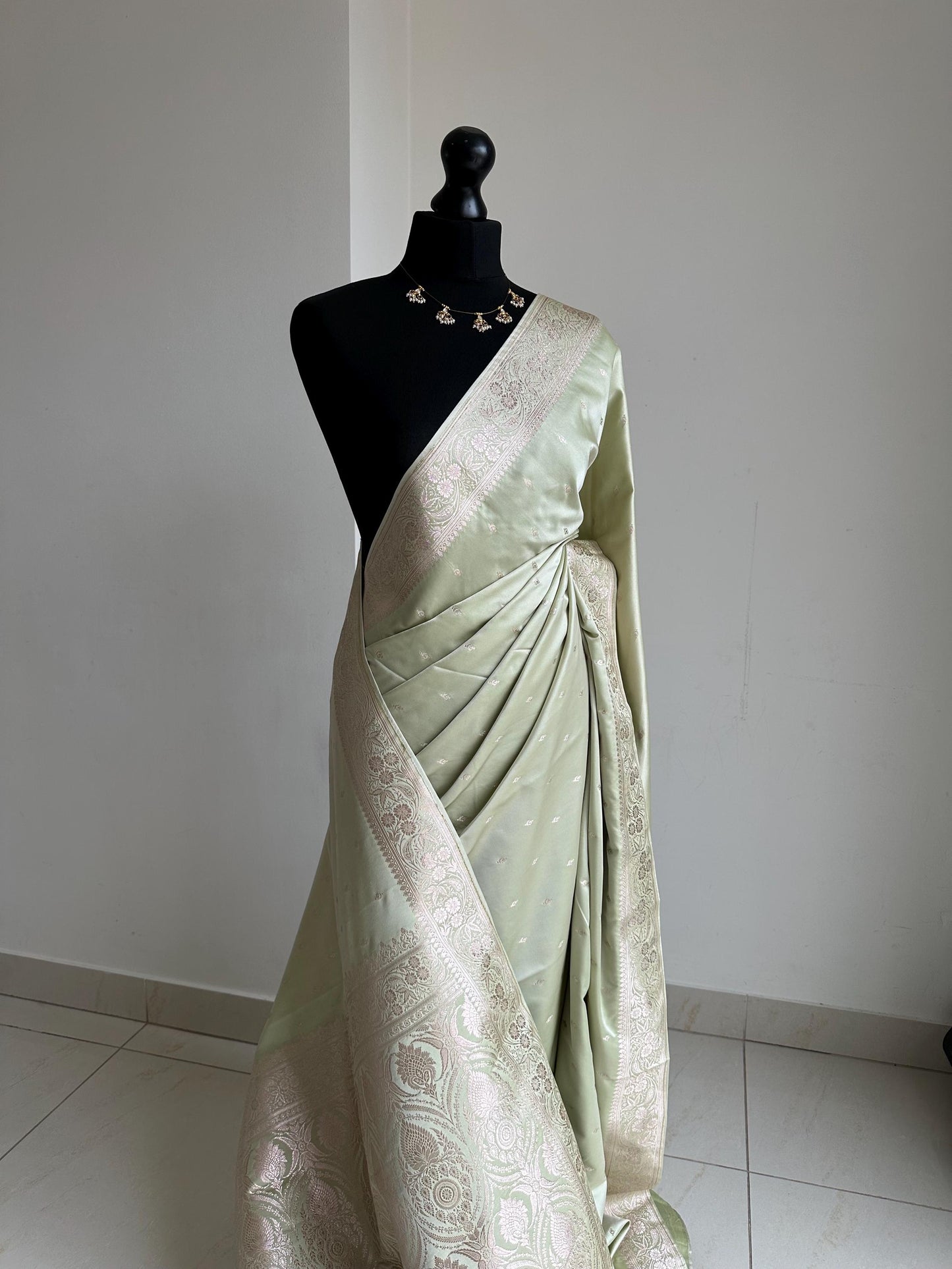 Banarasi silk sage green wedding saree with gold Zari. Champagne gold zari on traditional saree  with plain contrast unstitched blouse