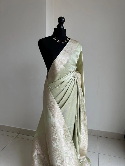 Sage Green Banarasi Silk Saree with Champagne Gold Zari