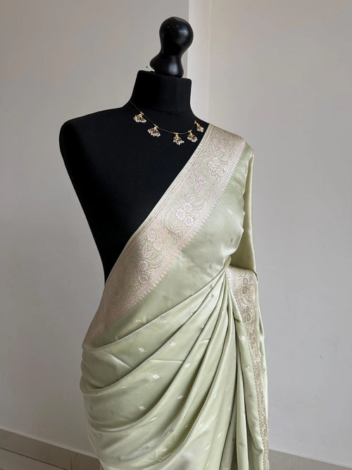 Sage Green Banarasi Silk Saree with Champagne Gold Zari