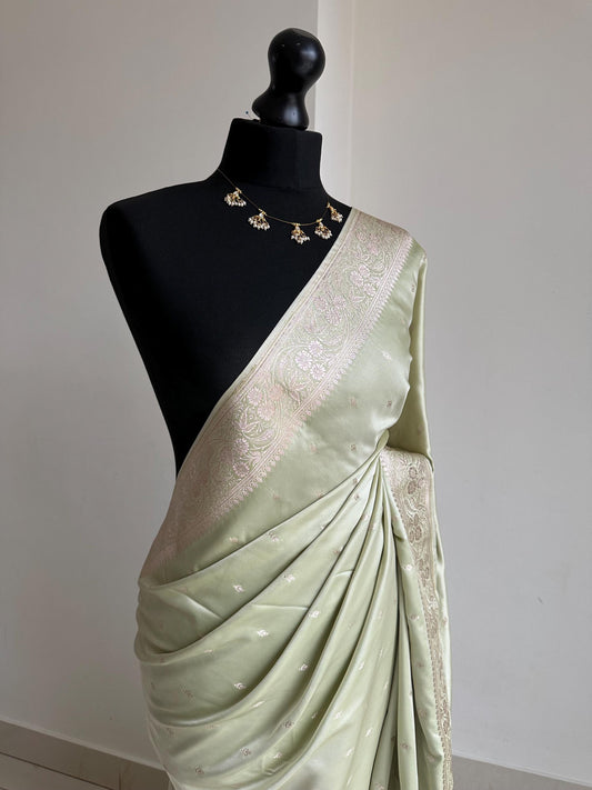 Banarasi silk sage green wedding saree with gold Zari. Champagne gold zari on traditional saree  with plain contrast unstitched blouse
