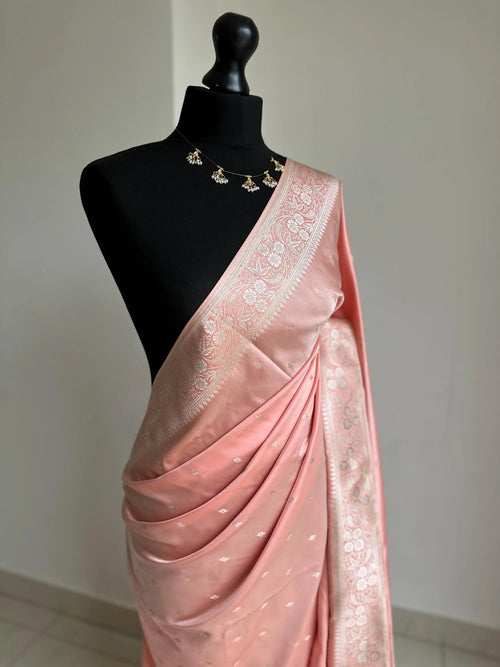 Pastel Peach Banarasi Silk Saree with Champagne Gold Zari