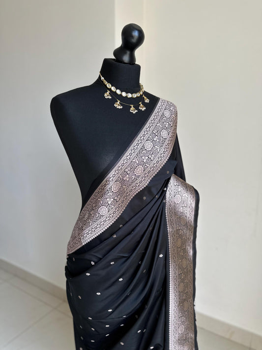 Black and champagne gold katan semi silk wedding saree with zari buta design . Stunning soft and elegant saree for bridal and occasion wear