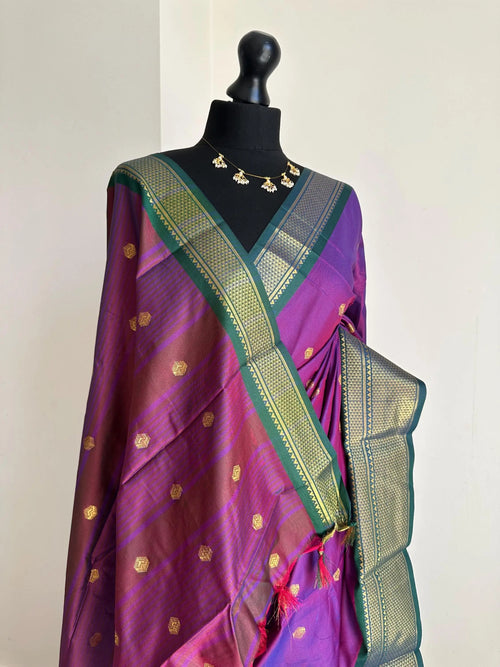 Purple and Green Semi Silk Saree with Gold Zari Border